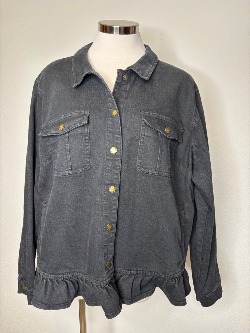 Belle Boho by Kim Gravel Washed Black Ruffle-Hem Jean Jacket